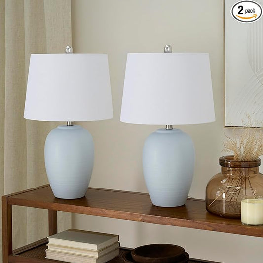 Nourison 23" Coastal Blue Ceramic Pot Table Lamp for Bedroom, Living Room, Dining Room, Entryway, with White Shade, Set of 2 Lamps