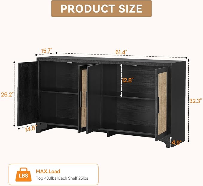 GAOMON TV Stand for TVs Up to 70'', Natural Rattan Entertainment Center with Storage Cabinets, Boho Media Console Table for Living Room, Farmhouse Cabinet, Black