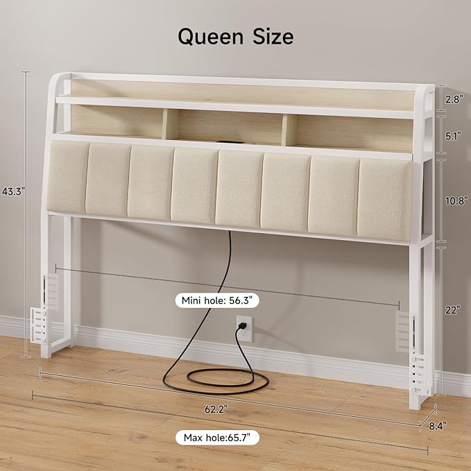 Ergonomic Headboard for Queen Size Bed with 2-Tier Storage, Upholstered Headboards with Outlets, USB Ports, LED Light, Queen Head Board Only, Height Adjustable, Sturdy and Stable, White