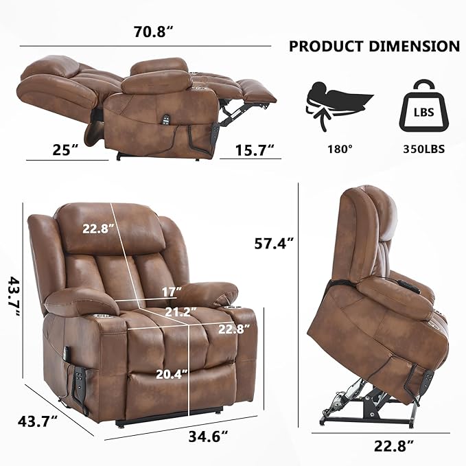 Lay Flat Lift Recliner Chair with Massage & Heat for Elderly People, Electric Power Lift Chair with Dual Motor, Cup Holders and 2 Remote Controls, Breathable Faux Leather Brown