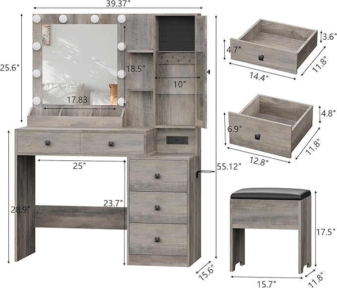 Vanity Desk with Mirror and Lights, Grey Makeup Vanity with 5 Drawers Hidden Jewelry Organizer& LED Glass Cabinet,3 Light Mode and Brightness Adjusted,Vanities Mirror with Lights Desk and Chair
