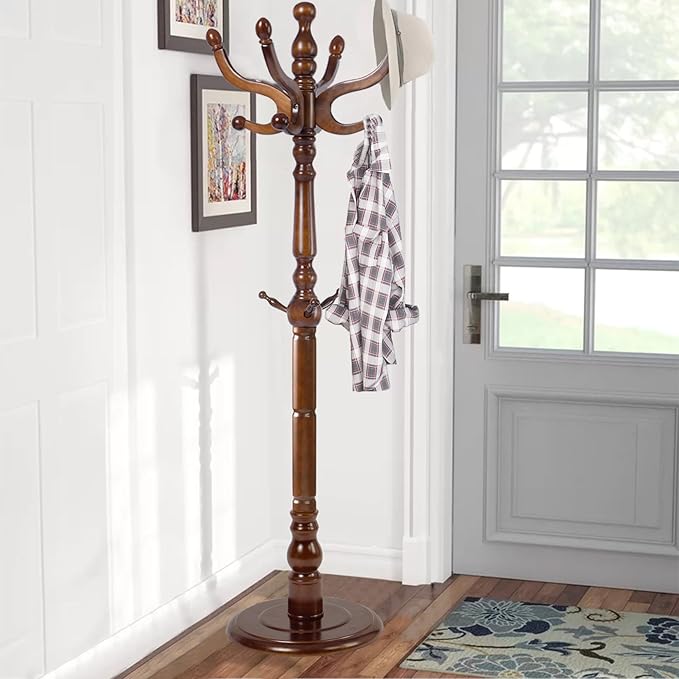 Wooden Coat Rack, Heavy Duty Coat Rack Freestanding with 11 Smooth Hooks, Coat Tree, Vintage Clothes Hanger Stand with Stable Disc Base for Bedroom, Entryway, Office-Load 180lbs (Walnut Brown)