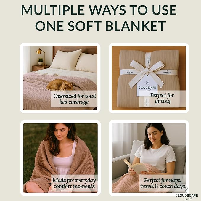 Soft 4 Layer Muslin Cotton Blanket King Size,100% Cotton Blanket, Lightweight and Breathable for All Season, Best for Spring, 92x108, Beige Fog