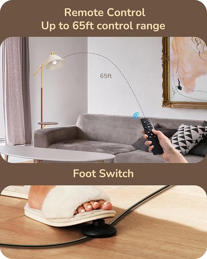 EDISHINE 68" Arc Floor Lamp with Table, Vintage Standing Lamp for Living Room with Tray, Tall Reading Lamp, Beige Shade, Adjustable Arm, Remote Dimmable Bulb Included, for Bedroom Office, Wood Grain