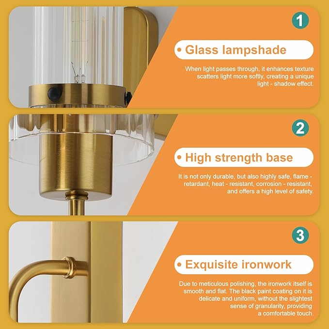 Gold Wall Sconces Set of 2, Modern Bathroom Lights with Clear Glass Shade, Indoor Farmhouse Wall Sconce for Living Room, Bedroom, Hallway, Vanity, Stairwell and Kitchen