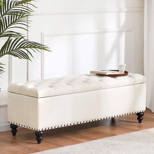 HUIMO Button-Tufted Ottoman with Storage in Upholstered Fabrics, Large Storage Bench for Bedroom, Living Room, Entryway, Ottoman Bench with Safety Hinge Hold Up to 300lbs (Ivory-Rivets)