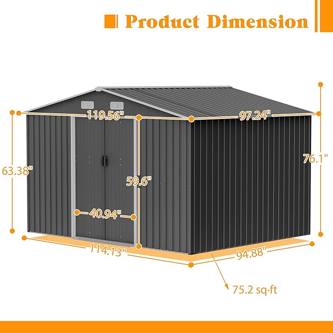 10x8 FT Sheds & Outdoor Storage Garden Metal Shed with Floor Included Lockable Sliding Door and Air Vents Foundation Steel Shed with Air Vents Waterproof Roof Ideal for Backyard Patio Lawn Dark Gray