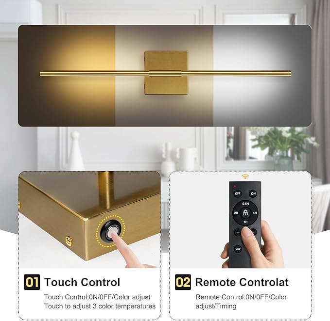 Battery Operated Wall Sconces Set of 2, Battery Wall Sconce with Remote Control, 350°Rotate, LED Rechargeable Sconces,3000K-6000K Wireless Wall Light for Bedroom, Living Room, Hallway(Gold,24Inch)