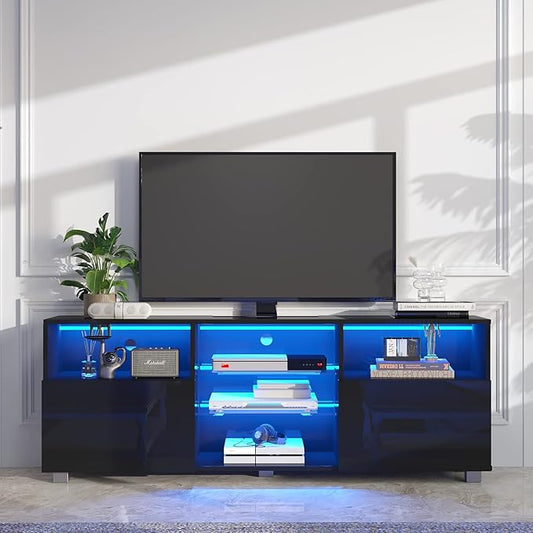 St.Mandyu LED TV Stand for 60/65/70 inch TV, Modern Television Table Center Media Console with Drawer and Led Lights, High Glossy Entertainment Center for Living Game Room Bedroom, Black¡
