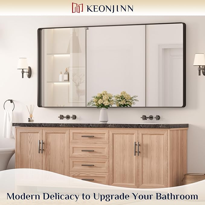 Keonjinn Black Bathroom Mirror for Over Sink, 72” x 36” Large Rounded Rectangle Bathroom Vanity Mirror, Matte Black Farmhouse Wall Mirror, HD Tempered Glass, Seamless Metal Frame(Horizontal/Vertical)