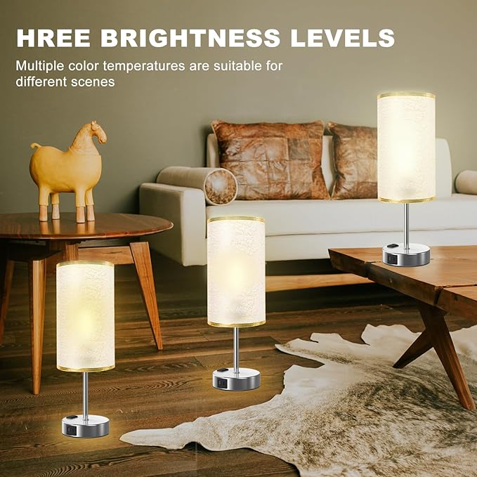 Table Lamp for Bedroom with Touch Control,Bedside Lamp with USB C+A Charging Ports& AC Outlets, Adjustable 3color LED Light for Home Decor/Nightstand/Bedroom/Office,Included Bulb and Fabric Lamp Shade