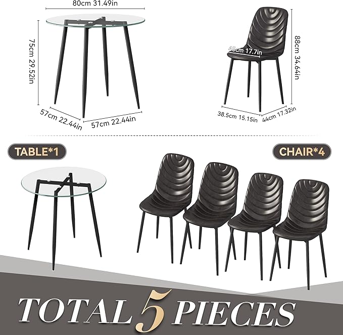Modern 5-Piece Round Glass Dining Table Set with Faux Leather Chairs - Space-Saving Kitchen Furniture for Small Apartments (5-Piece(Brown))