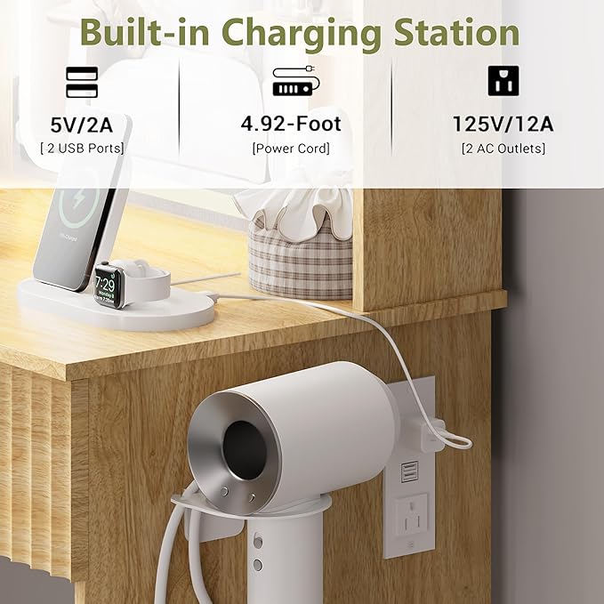 Small Vanity Desk with Mirror and Lights, Makeup Vanity with LED Lighted Mirror, Fluted Vanity with Lights Desk and Chair, 3 Lighting Adjustable Dressing Table with Charging Station for Women,Girls