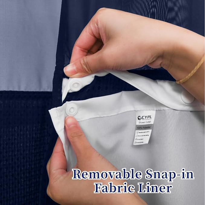 No Hooks Required Waffle Weave Shower Curtain with Snap in Liner-Hotel Grade Waterproof & Mesh Top Window Spa Like Bath Curtain Machine Washable 54Wx80L Navy Blue