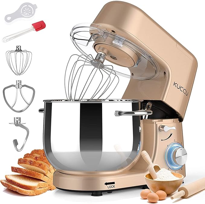 9.5 QT Double Handle KUCCU Stand Mixer, 6 Speed with Pulse Electric Kitchen Mixer, 660W Tilt-Head Food Mixer with Dishwasher-Safe Dough Hook, Flat Beater, Whisk, Splash Guard for home baking (Gold)