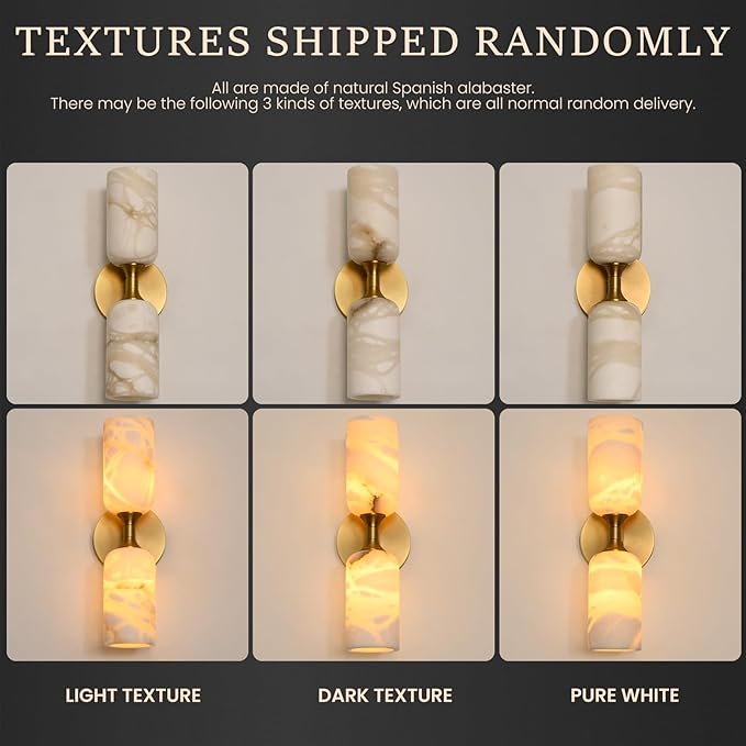 Alabaster Wall Sconce 14in Modern Spanish Natural Marble Bathroom Vanity Sconces, Antique Brass Sconces Wall Lighting, Gold Wall Light Fixtures Decor, for Bedroom Living Room Staircases Hallway