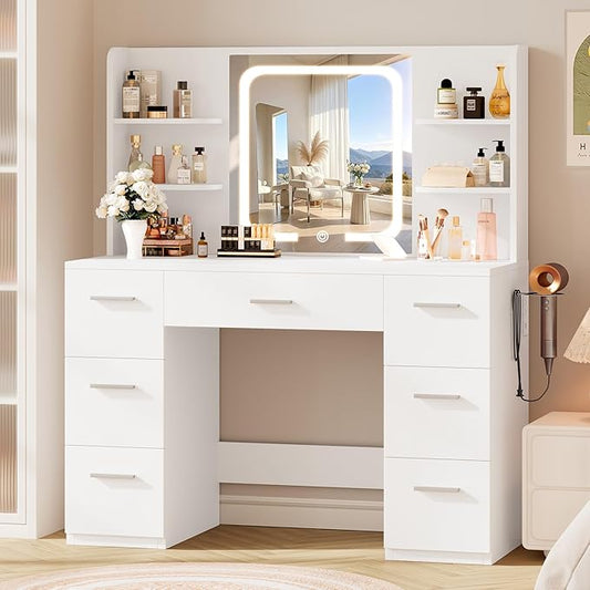Large Makeup Vanity Desk, 43.3”W x 15.7“D x 53.2”H, White (Large Desktop, Samrt LED Mirror, 4 Open Shelves, 7 Drawers, Hairdryer Rack, Power-Outlet)