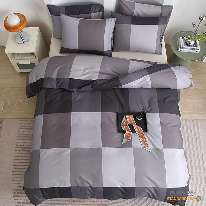 mixinni Twin XL Comforter Set Men Boys Geometric Checkered Plaid Printed Bedding Comforter for All Season Soft Lightweight Bedding Set-(Twin XL Size, Grey,Black)
