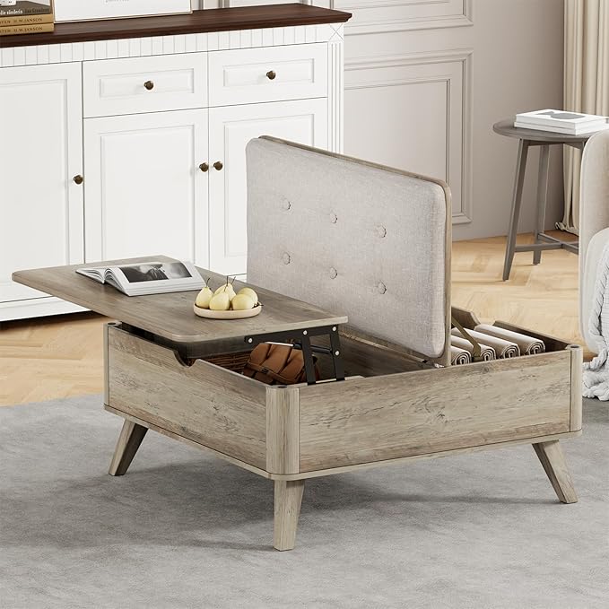 VOPEAK Lift Top Coffee Table with Storage, Large Square Coffee Table with Thickened Cushion, Family Gathering Center Table, Modern Wooden Coffee Tables for Living Room, Solid Wood Legs, Gray