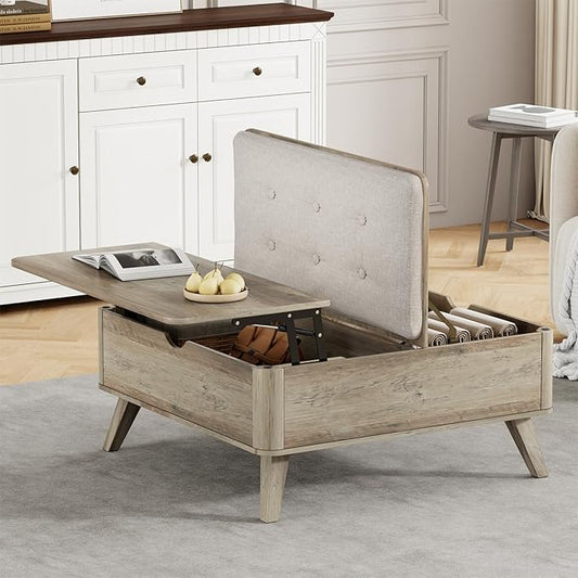 VOPEAK Lift Top Coffee Table with Storage, Large Square Coffee Table with Thickened Cushion, Family Gathering Center Table, Modern Wooden Coffee Tables for Living Room, Solid Wood Legs, Gray