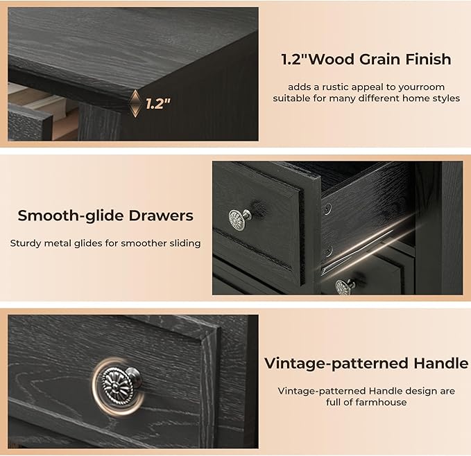 GAOMON Black 5 Drawer Dresser for Bedroom, 48" Tall Wood Dresser & Chests of Drawers with Deep Drawers, Modern Chest Organizer with Metal Handles for Living Room, Hallway, Entryway