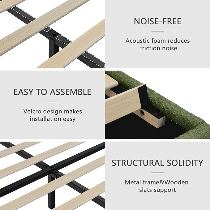 King Bed Frames,Breathable Boucle Fabric Upholstered Bed Frame with Headboard,Removable and Washable,Wood Slat Support,No Box Spring Needed,Easy Assembly,Green