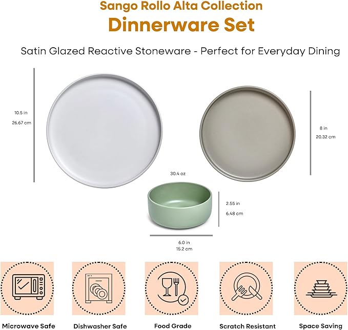 Sango Rollo Alta 12-Piece Modern Stoneware Dinnerware Set- Sage/Sand/White, Includes Dinner & Salad Plates, Cereal Bowls, Microwave & Dishwasher Safe, Highly Chip and Crack Resistant, Service for 4