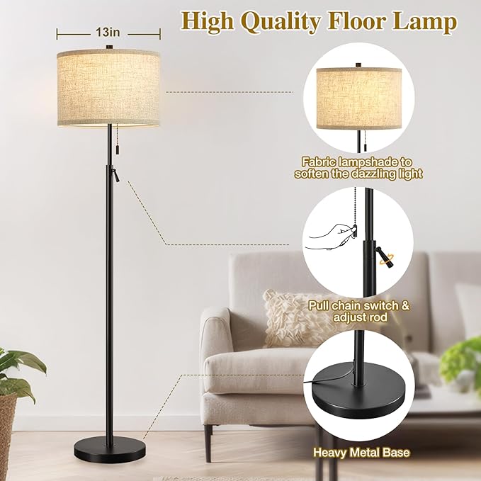 GyroVu Black Floor Lamp, Height Adjustable Standing Lamp Tall Lamp with Fabric Lampshade&Pull Chain Corner Floor Lamps for Living Room, Bedroom & Office Bulbs Not Included(Black)