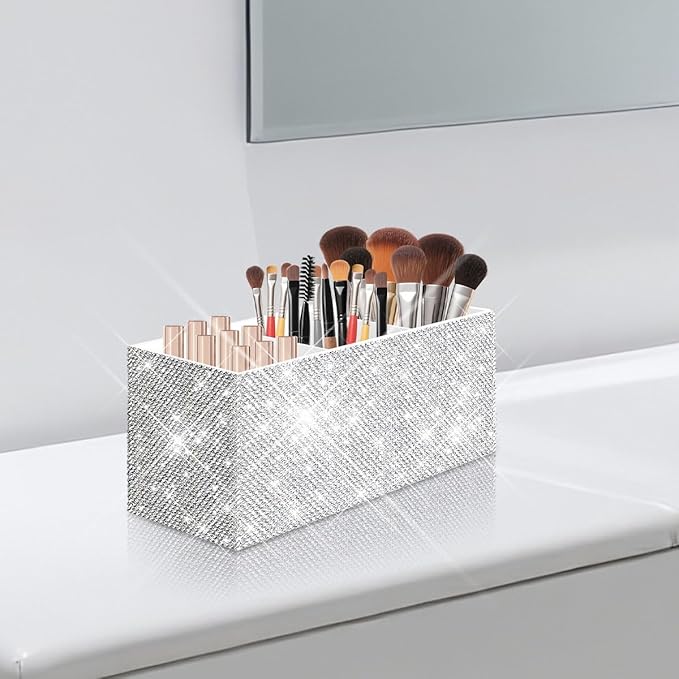 Bling Makeup Brush Holder Organizer, 3 Slot Sparkle Cosmetics Brushes Storage Holders with Shiny Crystal Rhinestones, Glitter Cute Pen and Pencil Holder for Desk, Eyeliners Display Case for Vanity