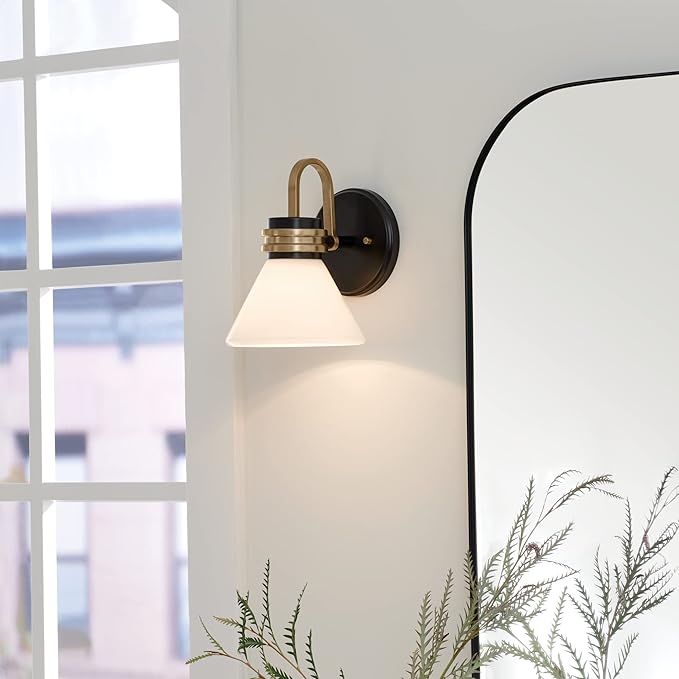 KICHLER Farum 1-Light Wall Sconce, Modern Light with Opal Glass in Black with Champagne Bronze, Damp Rated, for Entryway, Near Fireplace, Kitchen, Bedroom, or Hallway (9.5" x 7.25"), 55153BK
