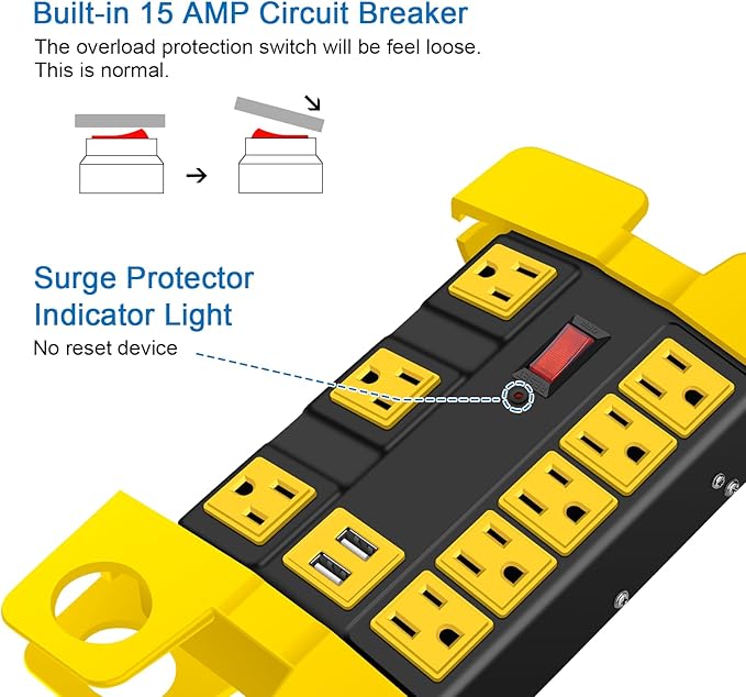 CCCEI Heavy Duty Power Strip with USB, Workshop 8 Outlet Surge Protector 2700 Joules, Industrial Metal 15Amp Power Strip, 12 FT Extension Cord and Wide Spaced Black.