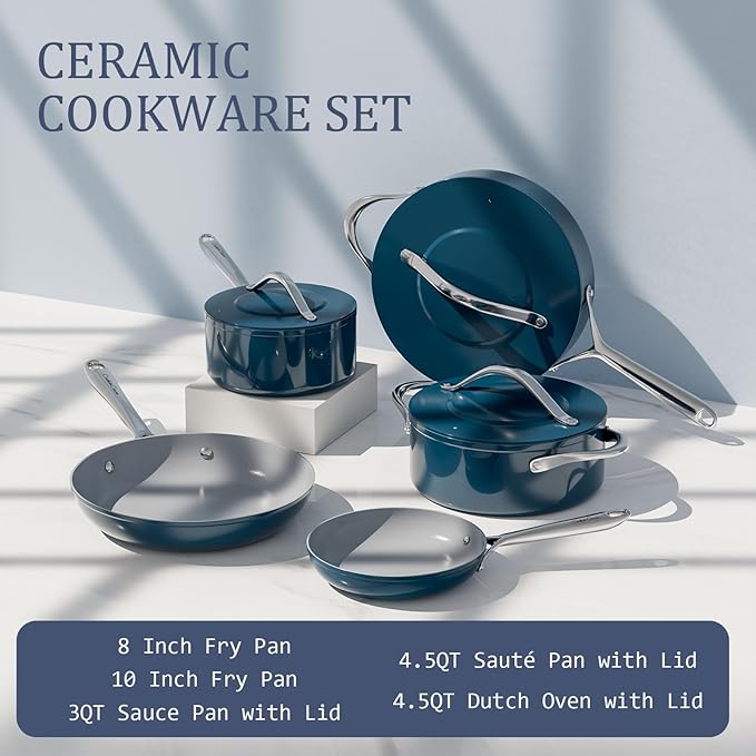 Ceramic Nonstick Pots and Pans Set 8-Piece Cookware Set - Non-Toxic & PTFE/PFOA/PFAS Free, Induction Compatible, Oven & Dishwasher Safe to 500°F, Navy Blue