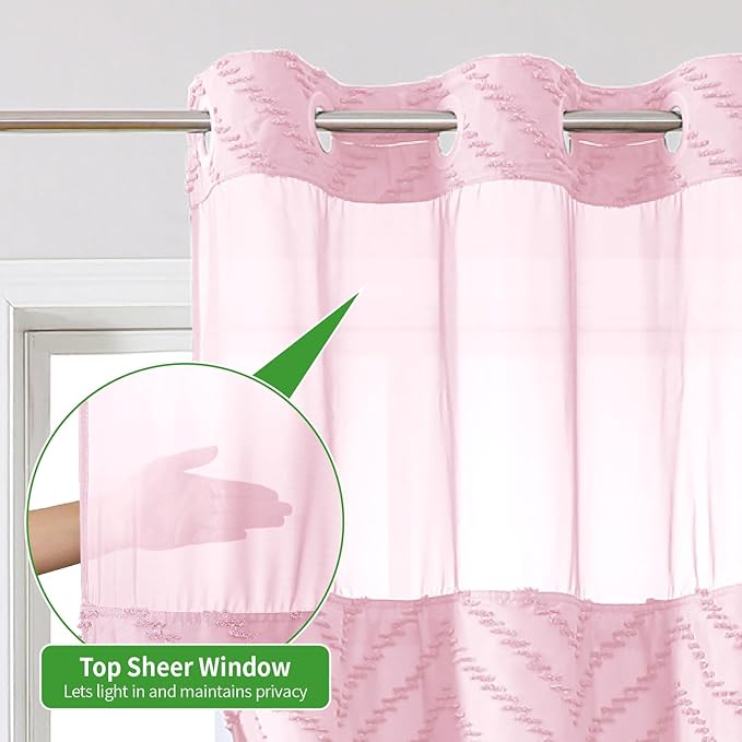 Stall No Hook Boho Farmhouse Shower Curtain with Snap-in Fabric Liner set-54Wx80H(78H),Pink Tufted Chevron Striped Hotel Grade Cloth Shower Curtains for Bathroom,Water Repellent