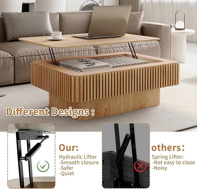 Lift Top Coffee Table for Living Room, Accent Fluted Coffee Table with Storage, Modern Solid Wood Veneered Rectangle Center Tea Table for Small Space Apartment (38.6''D×14''H-Natural)