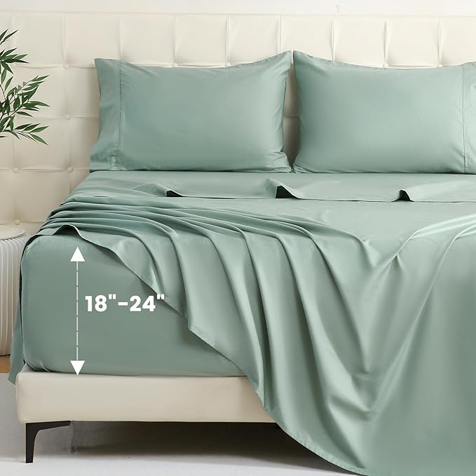 Bedlifes California King Sheet Set, Extra Deep Pocket 18-24 Inches, 1000Thread Count 100% Egyptian Cotton, Soft and Breathable 4-Piece,Sage Green