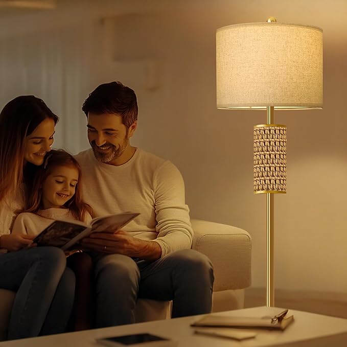 Oneach 62” Modern Floor Lamp for Living Room, Gold Boho Standing Lamp with Unique Rattan Design, Rotary Switch, Farmhouse Tall Lamps for Bedroom Office Dining Room (Without Bulb)