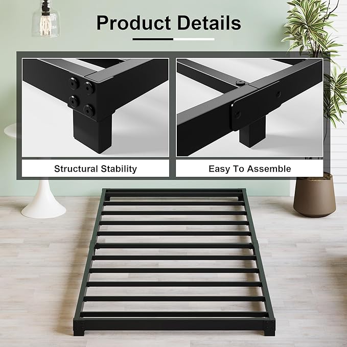 3 Inch Low Twin Bed Frames Heavy Duty Metal Platform, No Box Spring Needed, Easy Assembly Mattress Foundation, No Noise, Black