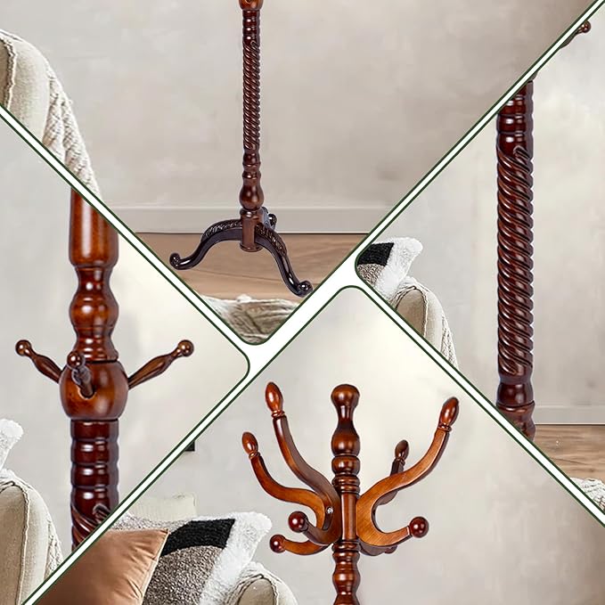 74" Wooden Coat Rack Stand,Coat Racks Freestanding With 14 Hooks And Solid Round Base Heavy Duty Adjustable Height Hall Tree Coat Rack for Entryway Hallway Foyer Office Bedroomf (Triangle Antique)