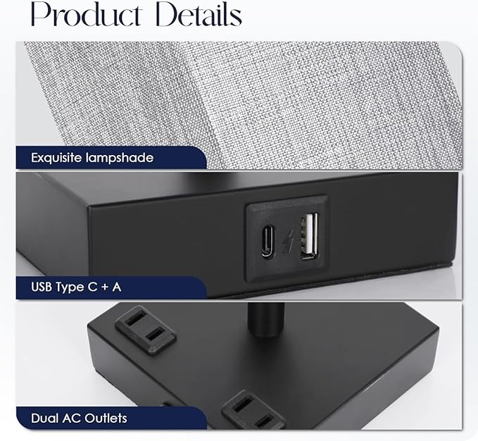 Bedside Table Lamp for Bedroom - Touch Small Lamp with USB C+A Charging Ports & AC Outlets, 3 Way Dimmable Nightstand Light for Living Room (LED Bulb Included, Grey)