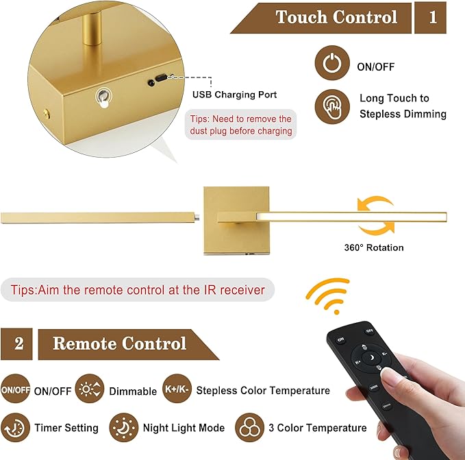 Wireless Battery Operated Wall Sconces Set of Two, Dimmable Modern Wall Sconce with Remote Control, 360°Rotation & Timer & Memory, Gold Led Rechargeable Wall Lights for Living Room, 28.3 Inch