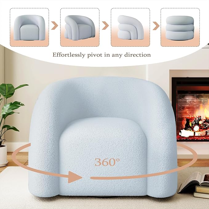 34.6" W Mordern Swivel Accent Chair,Sherpa Round Upholstered Boucle 360° Swivel Armchair for Living Room,Comfy No Assembly Sofa Chair for Bedroom Reading Apartment Lounge(Blue)