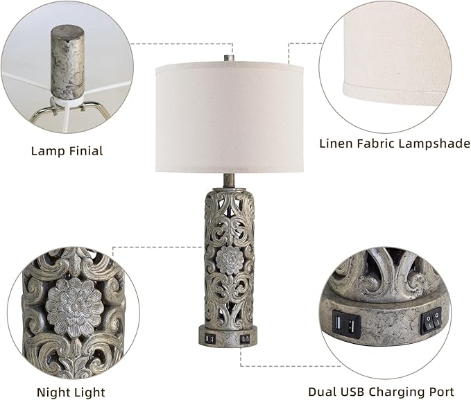 25'' Set of 2 Industrial Table Lamps for Living Room with Dual USB Ports, Vintage Resin Nightstand Lamp for Bedroom with Nightlight, Antique Rustic Desk Lamp for Entryway, 2 Bulbs Included