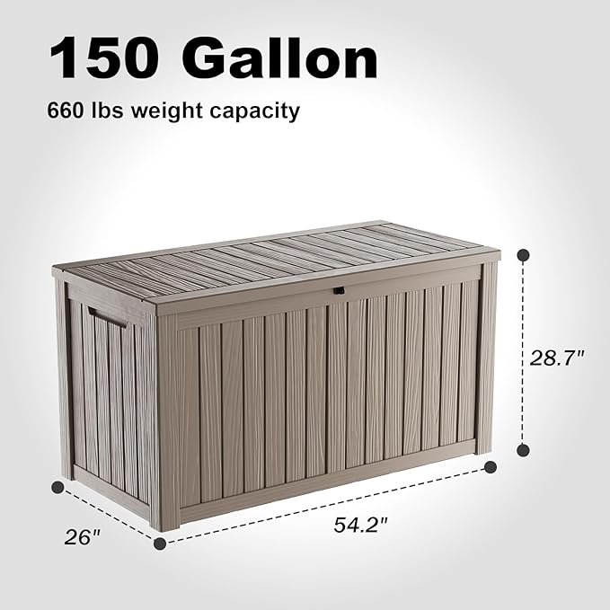 Vixzen 150 Gallon Resin Deck Box, Lockable Outdoor Storage Box for Patio Cushions Storage Furniture,Garden Tools, Pool Supplies, Weatherproof and UV Resistant- Light Brown