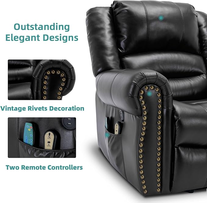 MEETWARM Large Power Lift Electric Recliner Chair for Elderly with Massage and Heat, Overstuffed Wide Recliner, Heavy Duty Sofa for Living Room with 2 Remote Control/USB Ports/Side Pockets(Black)