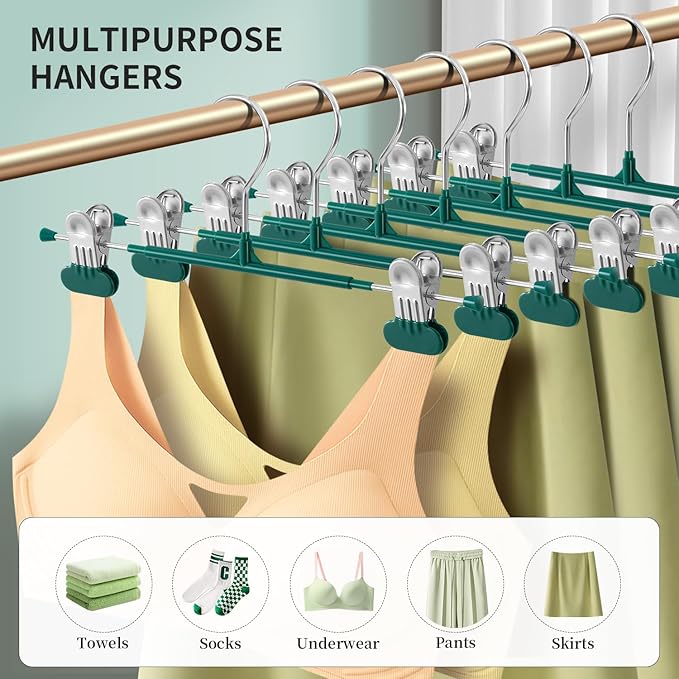 Clothes Pants Hangers with Wide Clips 20 Pack,Non-Slip Adjustable Skirt Hanger for Women,Space-Saving Heavy Duty Men Hangers for Pants,Trousers,Jeans,Shorts 12Inch Green