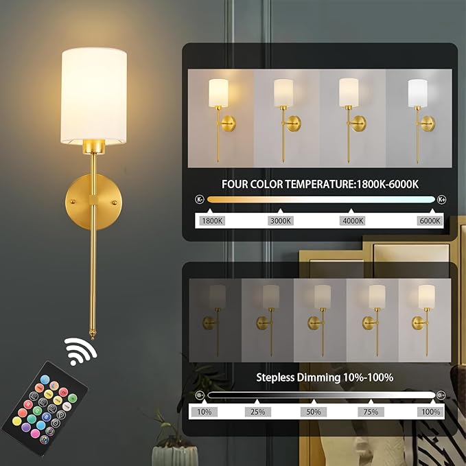 Battery Operated Wall Sconces Set of Two,Wireless Rechargeable Wall Light With Remote Control, Dimmable, 1800K/3000K/4000K/6000K/RGB, Timer, for Living Room, Bedroom, Fireplace, TV, 23.6 Inch, Gold