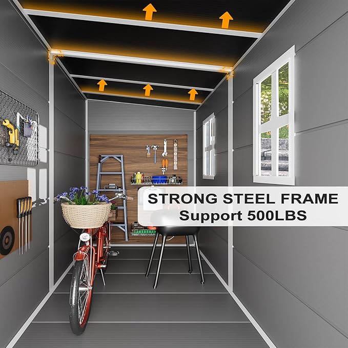 Resin Storage Shed 8x4x6 FT Waterproof Lean to Shed with Floor Included 2 Windows Lockable Door, Outdoor Plastic Sheds for Backyard Garden Patio Lawn Tools