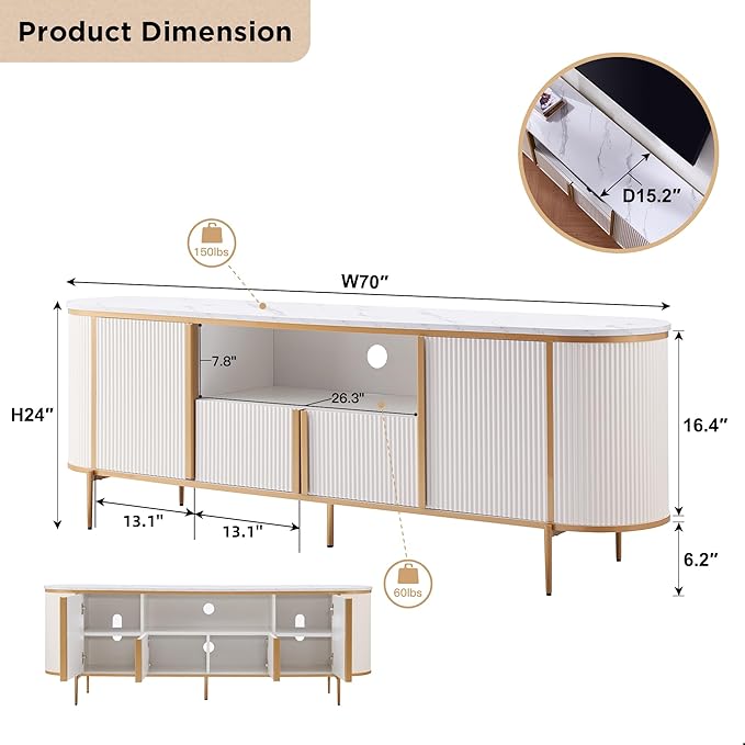 OKD Luxury 70" Fluted TV Stand, Modern Chic Entertainment Center for TVs Up to 80 inches, TV Console with Faux Marble Top, Curved Profile Design, Media Console for Living Room, Off White