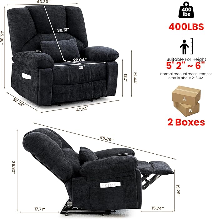 Oversized Power Recliner Chair 350lb with Hidable Cup Holders, Extra Wide Large Big Electric Recliner Chair with Lumbar Support Pillow Nursery Chair Living Room (Power, Black)