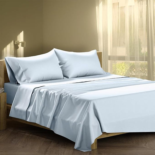 XOOX Linen King Size Sheets Set Cotton - 500 Thread Count 100% Cotton King Sheets 4 PC Set (Light Blue), Ultra Soft, Cooling, Hotel-Quality 16" Deep Pocket Sateen Weave Bedsheet for Hot Sleepers
